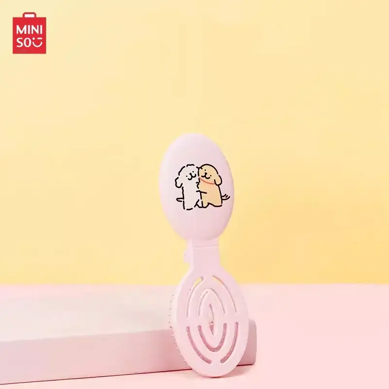 MINISO Line Maltese Foldable Hair Brush with Mirror, 2 in 1 Portable Travel Pocket Hair Comb, Cute Cartoon Mini Massage Detangler Brush for Girls