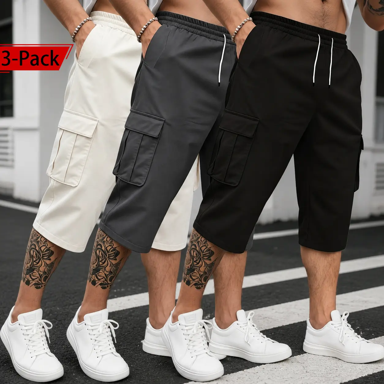 Men’s 3-Pack Loose 7-Inch Relaxed Cargo Shorts, Lightweight Breathable Skin-Friendly Menswear Sportswear, Adjustable Drawstring Elastic Waistband, Multipocket Athletic Shorts for Daily Day Summer Casual Street Wear, Sports Clothes, Plain