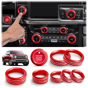 Polodunn for Ford F150 Accessories 2021-2025 2026 & Super Duty F250 F350 F450 2023-2026, 9pcs Aluminum Alloy Knob Cover Trim Set - Push Start, A/C, Volume, Headlight, Trailer & Drive Mode (Red)
