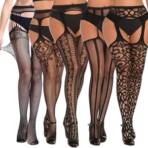 Women's High Waist Fishnet Thigh High Stockings 5 Pairs Patterned Garter Tights with Belt Suspender Pantyhose Elastic Fit Lingerie for Festival Party Outfits - Black Dress Womenswear Black Costume Jacquard Love Shorts Skirts Soft