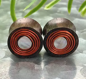 PAIR Sono Wood Plugs w/ Mother of Pearl Inlay & Copper Coil Earlets Gauges