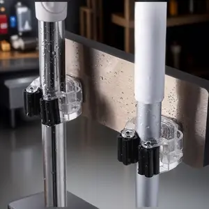 Wall Mounted Mop & Broom Holder, Punch Free Self Adhesive Mop & Broom Storage Rack, Multifunctional Storage Hook for Kitchen Bathroom, Organiser