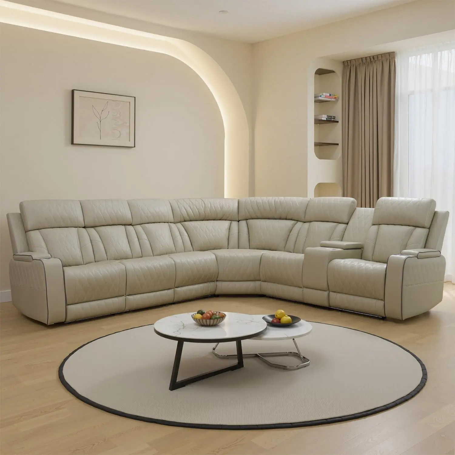 Power Recliner Sectional Sofa with LED Light Breathing Leather for Living Room Home Office Theater Storage Cup Holder Comfortable Versatile Seating