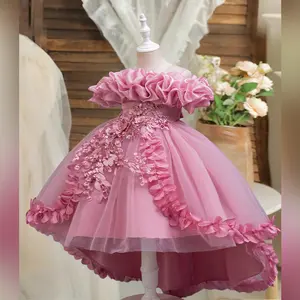 Girls Princess Dress High Low Long Train 3D Flowers  Party Outfit  Fancy Dress Up Gown Birthday Performance Elegant Style first  communion  dress