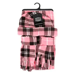 Women's Pink Plaid Fleece Winter Hat Set