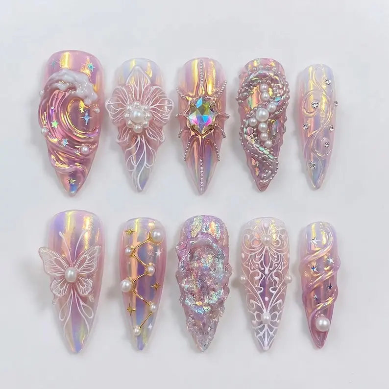 Pink Iridescent 3D Press On Nails | Butterfly Pearl Crystal Celestial Nail Art | Aurora Chrome Fairycore Long Stiletto Nails | Luxury Handmade Nail Set