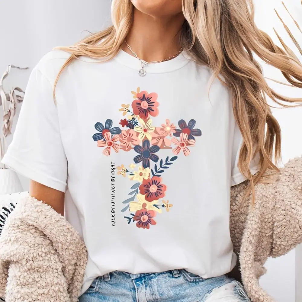 Floral Cross Walk By Faith Not By Sight Print, Neck Drop Shoulder T-Shirt, Christian Religious Easter Gift, Church Worship Daily Wear