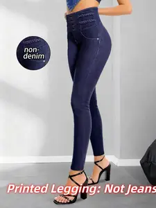 Women's Printed Skinny Jeans, Casual Fake Denim Style, Elastic Stretchy Material, All-Season Wear, Versatile Design, Leggings