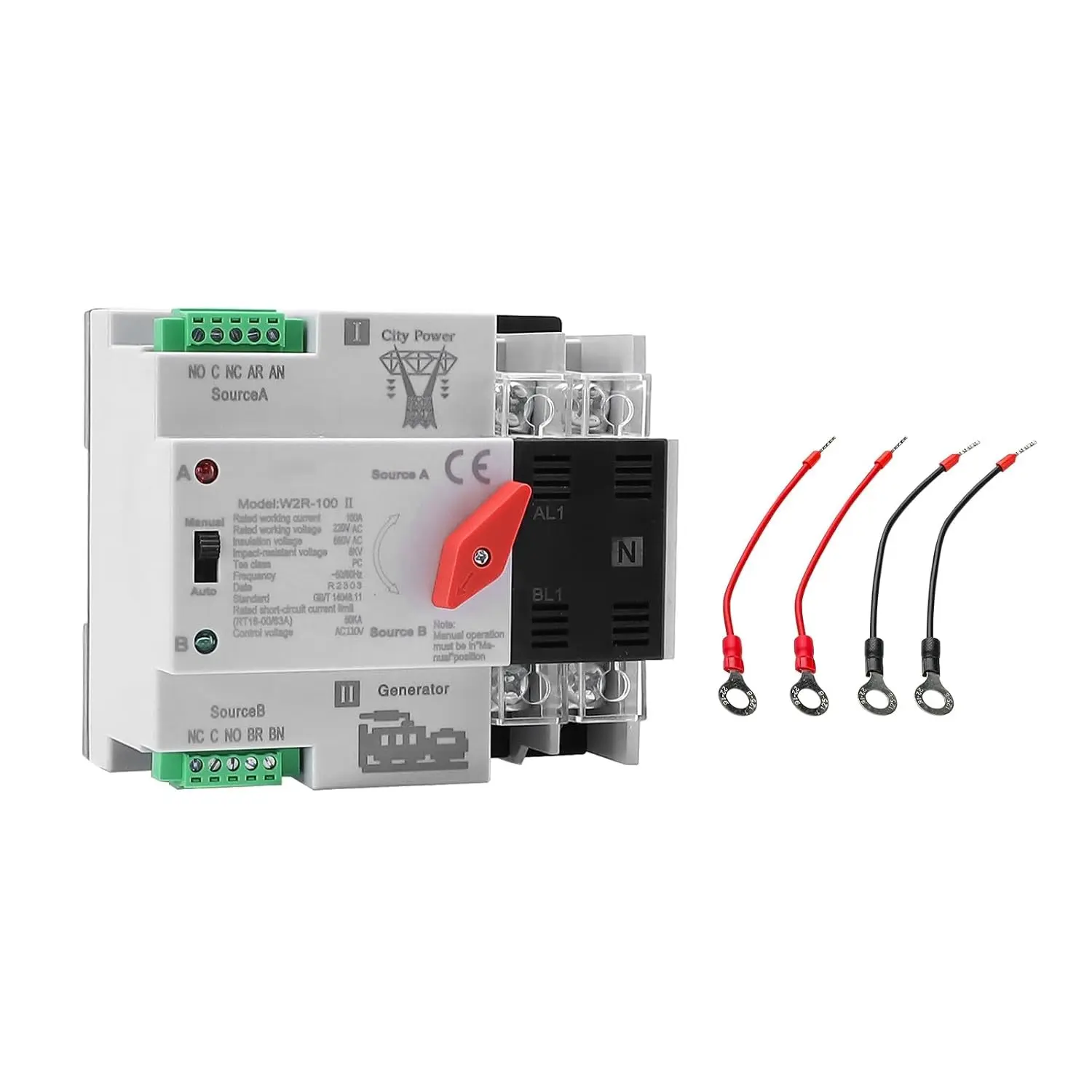 100Amp AC110V Automatic/Manual Transfer Switch 2P 50/60Hz, 2-Pole 100A Mini ATS Solar Auto Dual Power Switch for Home Generator, DIN Rail Mounted Automatic Changeover Fast Transfer for RV, LV Power