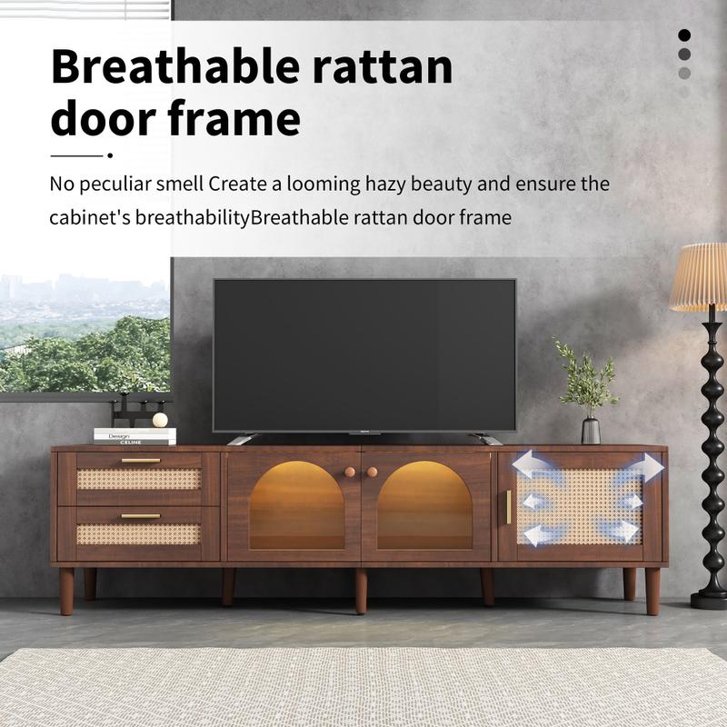 Rattan TV Stand for 80'' TVs – LED Media Console with Storage, Modern Entertainment Center with 3Cabinets &2 Drawers for Living Room & Bedroom