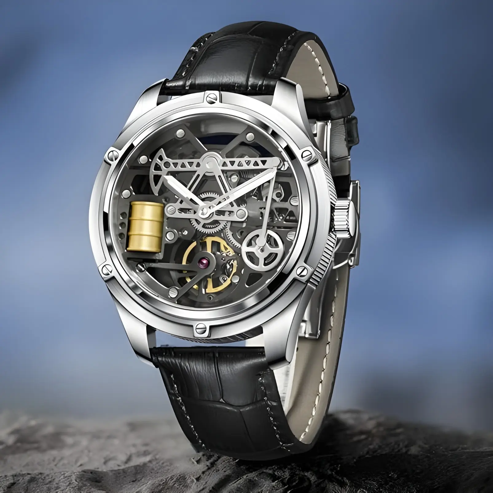 PINDUR Men's Skeleton Automatic Watch, 42mm Openwork Dial, Miyota 8215 Movement, Sapphire Crystal, 316L Stainless Steel Case, Cowhide Leather Strap, 50m Waterproof, Mechanical Style Watches, Waterproof Wristwatch