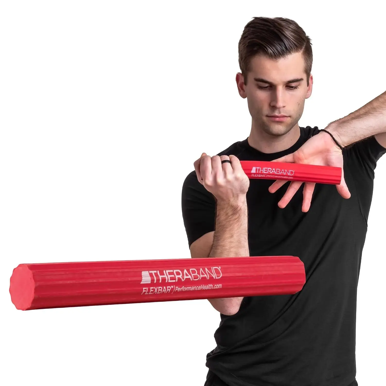 THERABAND FlexBar Resistance Bar, Physical Therapy, Flex, Elbow, Wrist, Red Flex therapy bar for physical therapy, wrist and forearm exercise, with non slip grip and compact design
