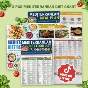 Set of 3 Mediterranean Diet Charts, Laminated Meal Planner, 80+ Healthy Recipes For Beginners, Mediterranean Diet Plan With Serving Sizes, Calories, Net Carbs, & Diabetes-Friendly Meal Guide