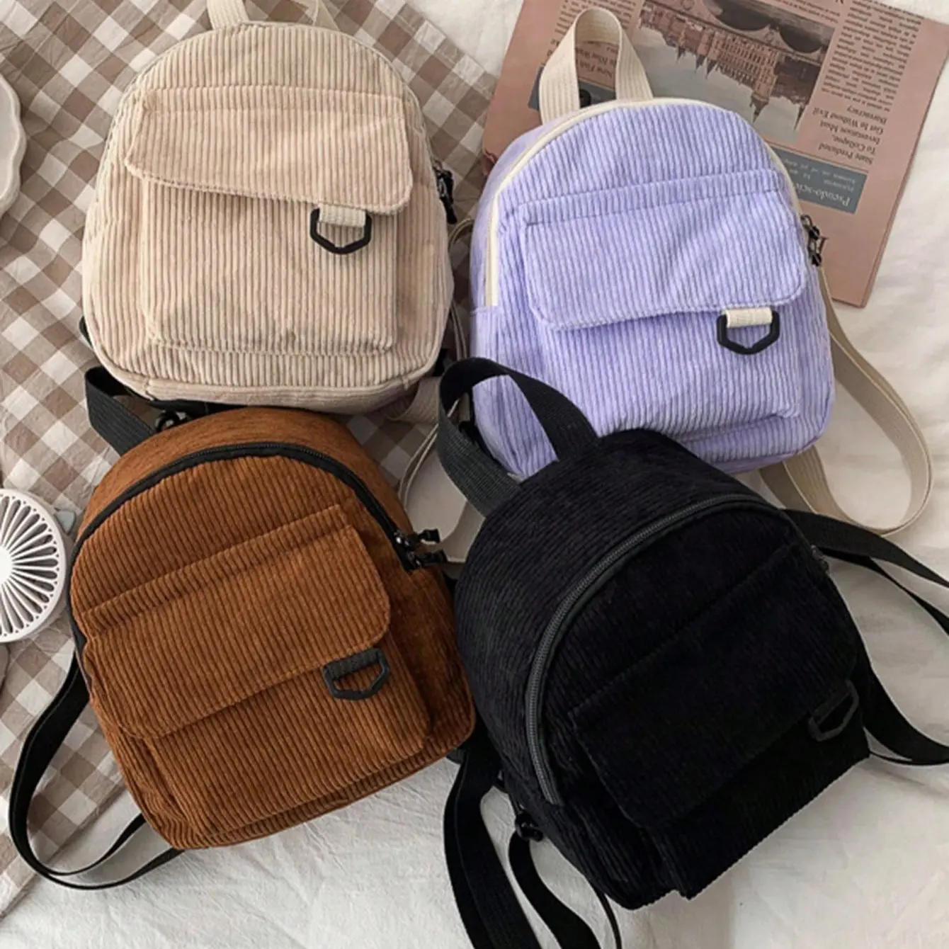 Mini Corduroy Backpack, Y2K Style Portable Solid Color Bag, Holds Phone Lipstick Keys, Small Casual Multifunctional Backpack for Students