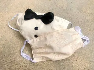 White Wedding Face Mask Set for Bride and Groom, Funny Tuxedo Double Layer Face Cover