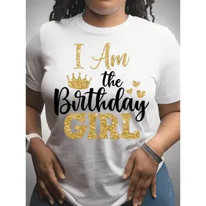 Elegant Women's Birthday Short Sleeve T Shirt Featuring Glitter Lettering and Crown Design Suitable for All Seasons Comfortable and Stylish Celebration Top