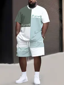 Men's Plus Size Colorblock Print 2-Piece Set, 'be Yourself' Letter Print Casual Short Sleeve Tee and Joggers, Summer Outdoor Wear Clothes