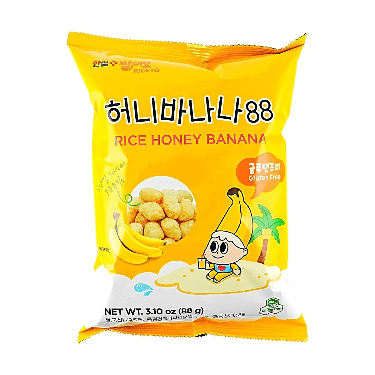 RICEYO Korean Honey Banana Rice Crisps - Gluten-Free Puffed Snack 88g, Sweet & Crunchy Korean Snacks for Kids & Adults