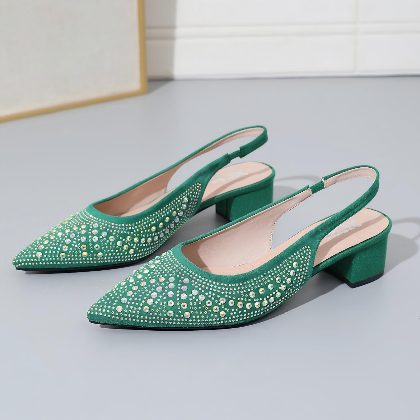 Women's pointed toe chunky heels with stylish green rhinestone embellishments on the back strap comfortable mid heel casual and versatile suitable for all season outfits