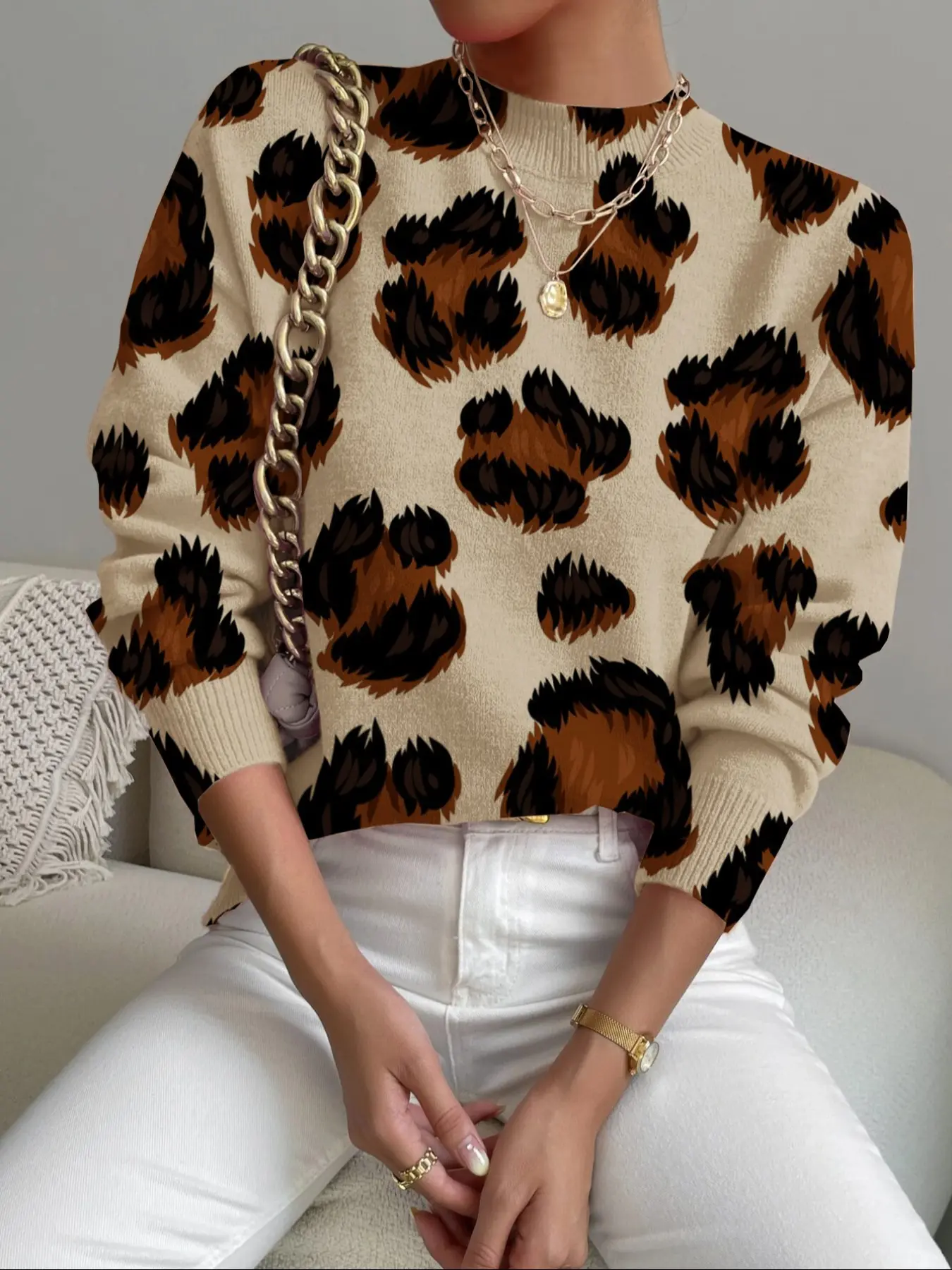 Women's Leopard Print Stand Collar Short Fitted Sweater Top, Fall Winter Casual Long Sleeve Knitwear, Comfortable Warm Daily Wear