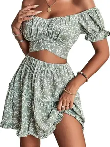 LYANER Women's 2 Piece Outfits Floral Off Shoulder Tie Up Crop Top and Mini Skirt Set Womenswear Comfortable Comfort Lady Bohemian
