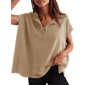 Imily Bela  Womens Oversized Cap Sleeve Polo Shirts Summer Casual V Neck Tops Loose Fit Collared Cotton Tee Shirt