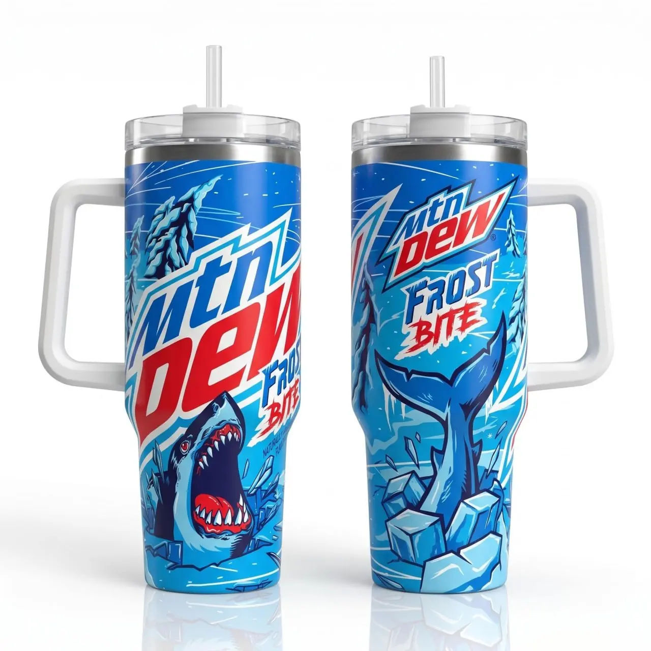 MTN Dew Frost Bite 40oz Tumbler With Handle & Straw, Limited Edition Frost Shark Collector Cup, Vintage Soda Fan Gift, Ice Blue Stainless Steel Travel Mug, Double Wall Insulated Beverage Tumbler