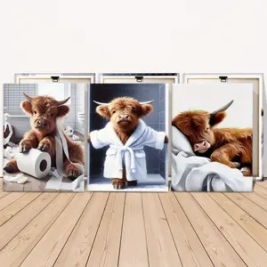 3 Counts Wooden Framed Canvas Painting, Canvas Prints, Cute Highland Cow Bathroom And Sleeping Scenes, Poster, Living Room Decoration, Modern Art, Wall Art Decoration, Decorative Artwork, Art Work For Wall Decor, Home Decor Supplies