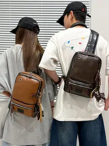 New Men's Soft Leather Chest Bag, Unisex Waterproof Fashion Backpack, Retro PU Leather, Large Capacity, Multi-Functional Shoulder Bag