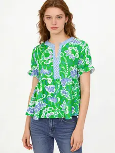 Women's Bohemian Floral Ruched Bubble Hem Vneck Blouse, Contrast Binding Design, Fitted Slimming Fit, Short Sleeve Casual Shirt Top for Spring Summer