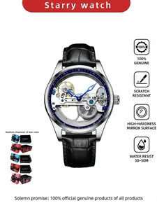 Men's Mechanical Tourbillon Watch, Dual Transparent Design, Full Automatic, Stainless Steel Case, Casual Style, All Seasons