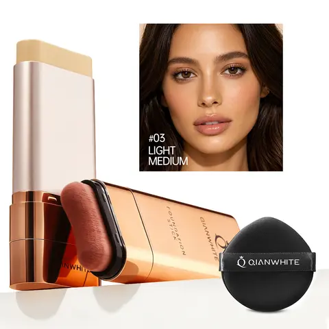 QIANWHITE Radiant Dual-Ended Concealer Foundation Stick - Built-in Brushes, Free Puff, Long-Lasting Waterproof Sweatproof, One-Swipe Flawless Base