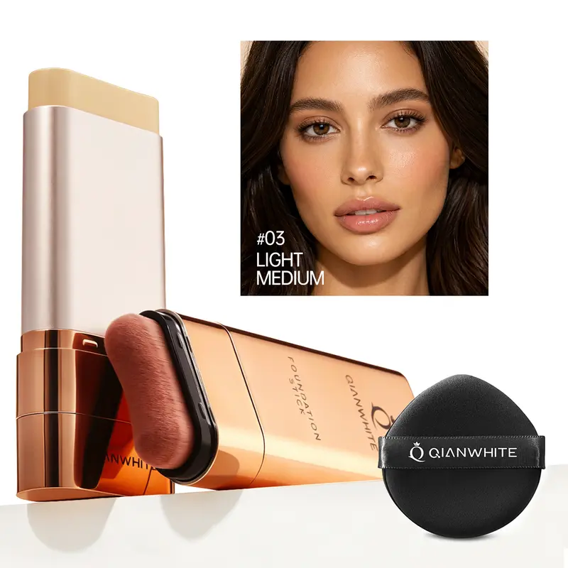 QIANWHITE Radiant Dual-Ended Concealer Foundation Stick - Built-in Brushes, Free Puff, Long-Lasting Waterproof Sweatproof, One-Swipe Flawless Base