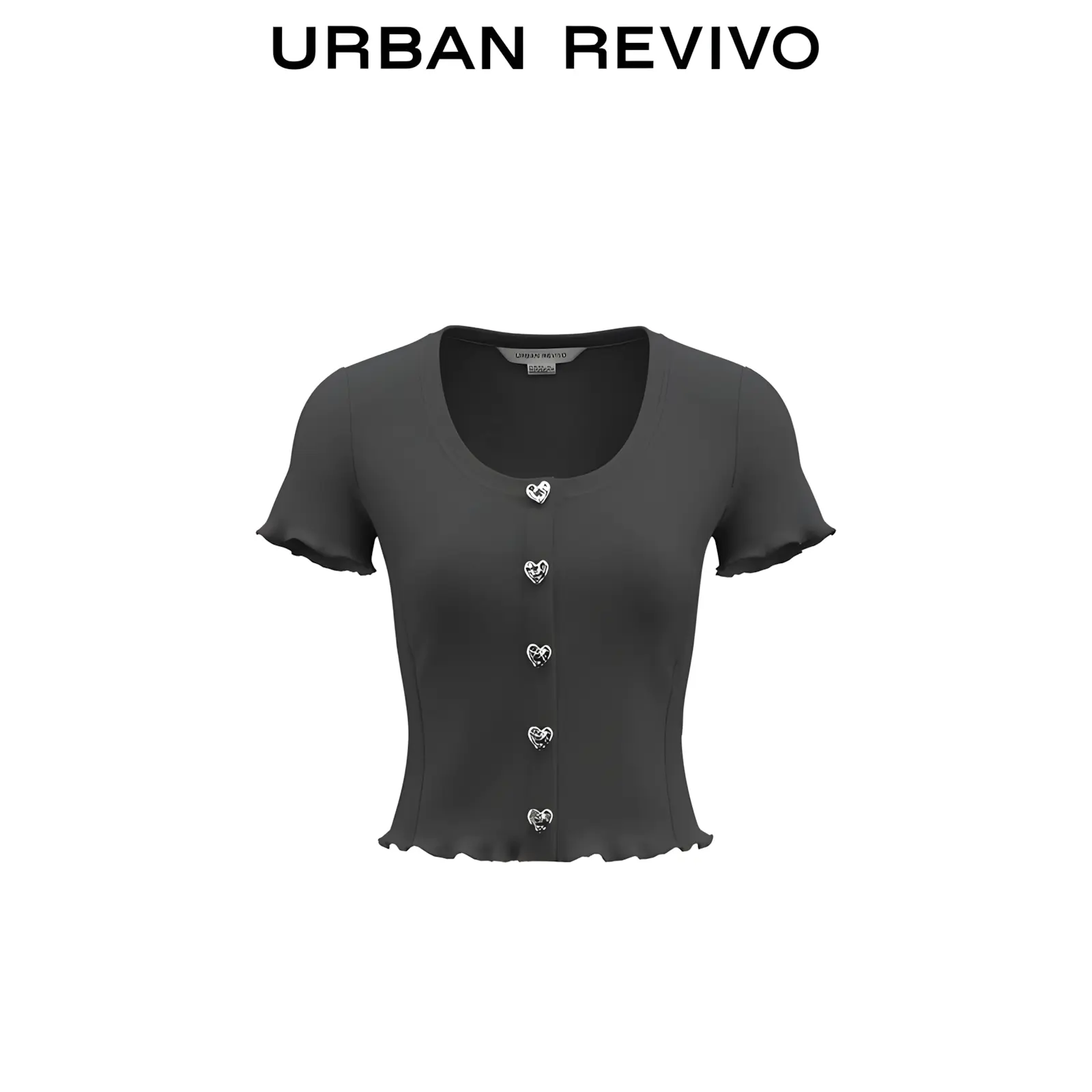URBAN REVIVO 2026 Spring New Arrival Women's Short-Sleeve Basic Casual T-Shirt, Slim-Fit Style with Heart-Shaped Buttons & Ruffles, Breathable Fabric, UYV450237