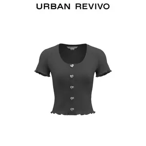 URBAN REVIVO 2026 Spring New Arrival Women's Short-Sleeve Basic Casual T-Shirt, Slim-Fit Style with Heart-Shaped Buttons & Ruffles, Breathable Fabric, UYV450237