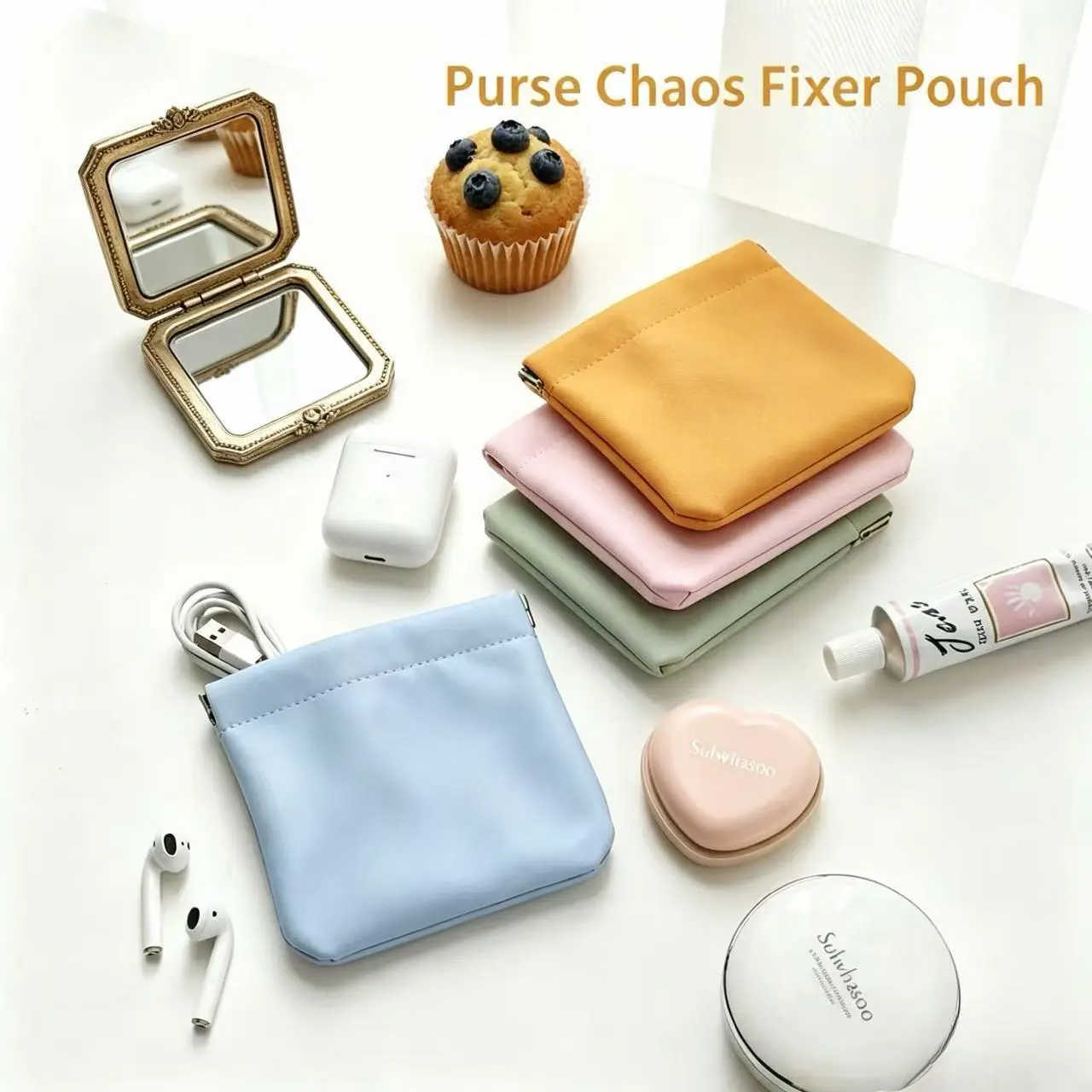 Mini Purse Chaos Fixer Pouch Auto Closure Snappy Pouch For Keys/Changes/Coins/Lipstick/Cards Bag essentials in Marshmallow Colors Cosmetic Accessories Organizer Makeup Pouch Waterproof Pouch Glossy Pack