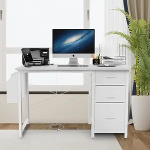 47.24" Office Desk with 3 Drawers and Side Pocket,Computer Desk with Power Outlets,Frame Stability Reversible Study Desk Work Desk Writing Desk with Storage for Home Office Small Spaces (White)