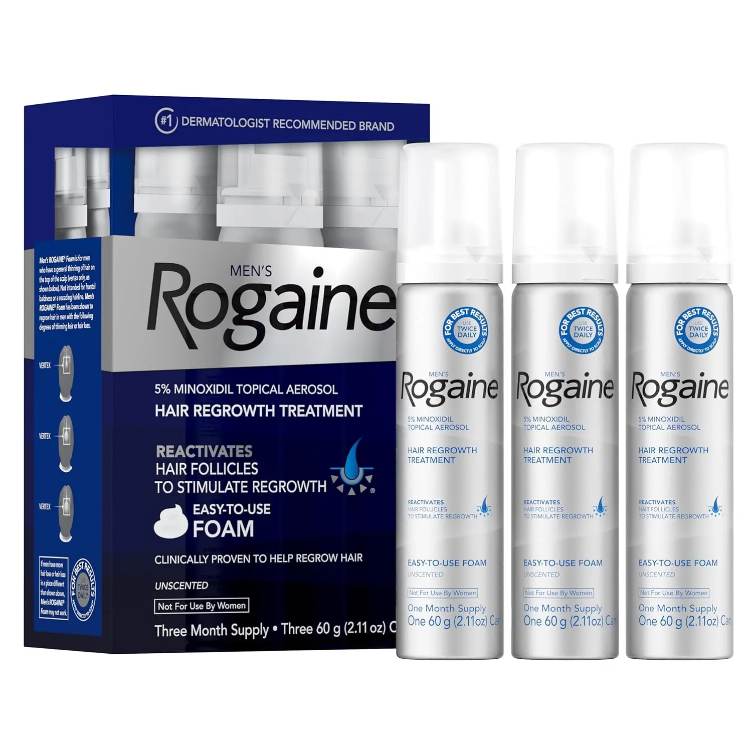 Men's Rogaine 5% Minoxidil Foam for Hair Loss and Regrowth - 3-Month Supply, 2.11 Ounce, 3 Count (Pack of 1) - Haircare Comfort