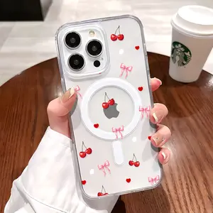 Cherry Bow Love Pattern Magnetic Clear Compatible with MagSafe Shockproof Protective Phone Case for iPhone 17 16 15 14 13 12 11 Pro Max X XS MAX Air