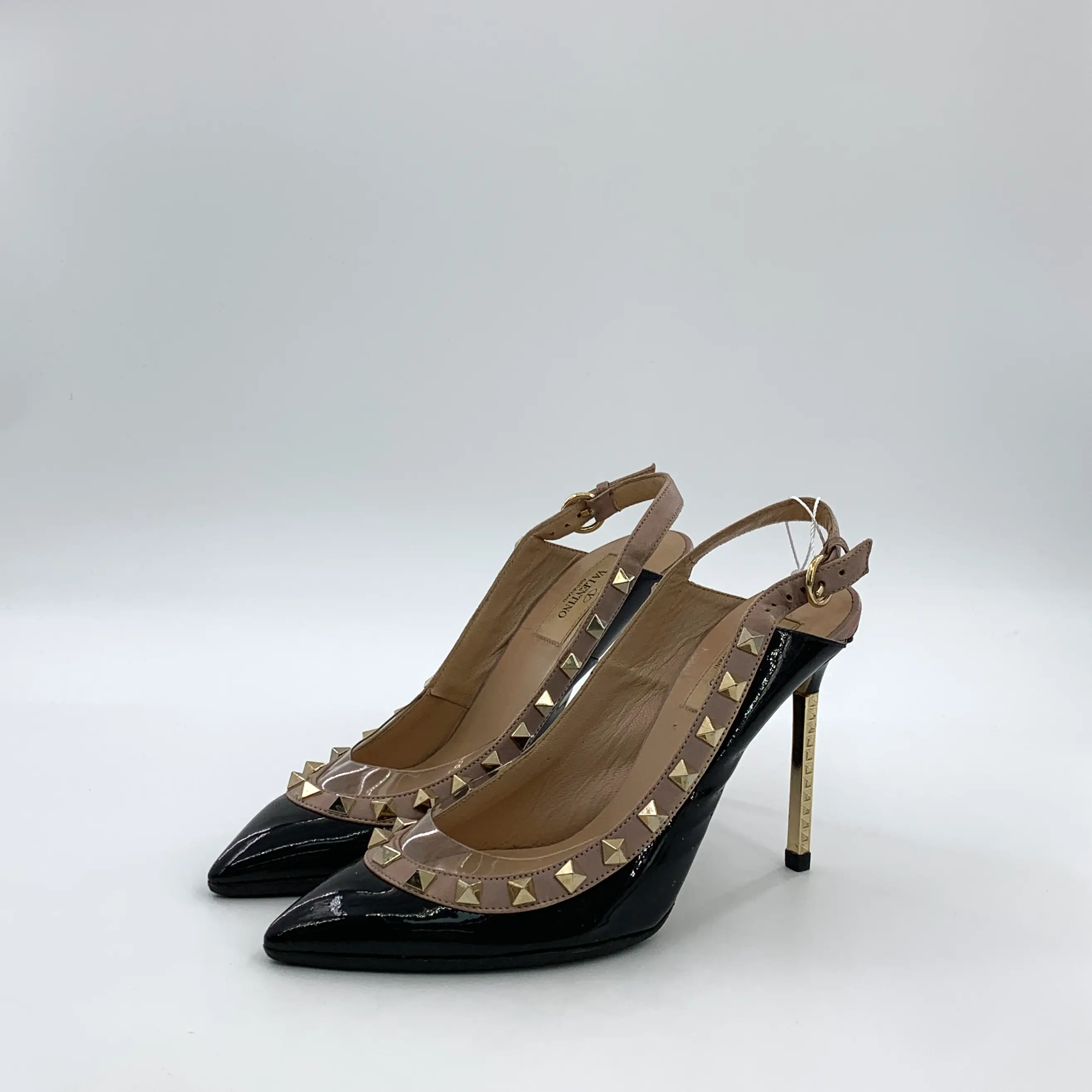 RDLT-Valentino Size 37 Black Patent Studded Pointed Toe Buckle Strap Stilettos-X37340