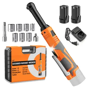 3/8" Extended Electric Ratchet Wrench Set, 61N.m(45ft-lbs) Cordless Long Neck Power Ratchet Wrench Kit with 2pcs 2000mAh 16V Batteries, LED Light, 9 Sockets, Toolbox, Variable Speed, For Housework, Car Repair