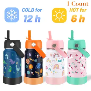 Water Bottle, 12 Oz Stainless Steel Cup, Insulated Tumbler, Flexible Handle & Straw, Non-Slip Silicone Base, School Use Gift Vacuum Flask