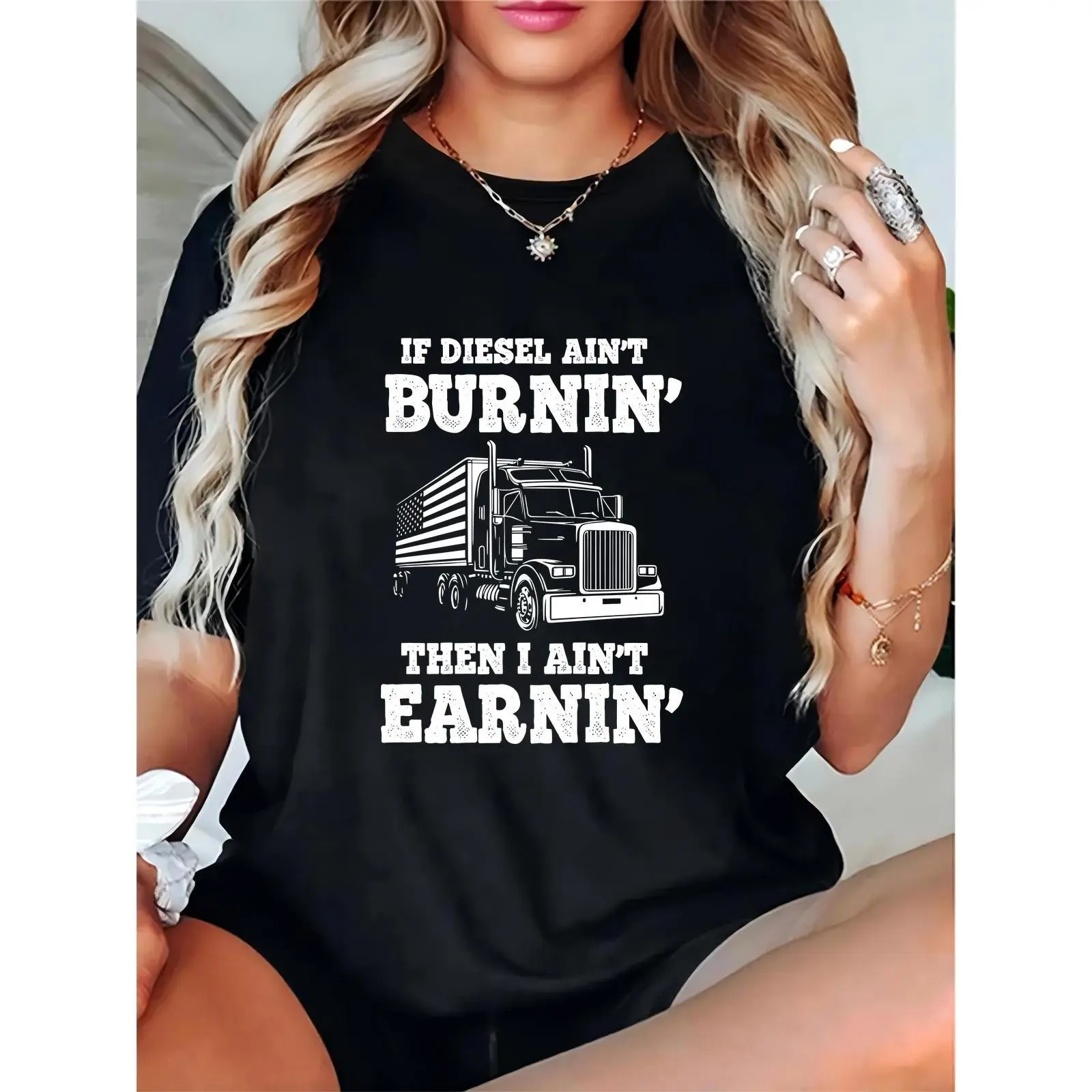 Women's Black Diesel Truck Graphic T-Shirt, American Flag Semi-Truck Design, Funny Slogan "If Diesel Ain't Burnin' Then I Ain't Earnin'", Casual Daily & Trucker Enthusiast Top 100% Cotton T-shirt