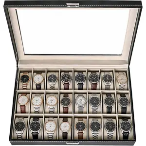 24 Slots Lockable Watch Box, PU Leather Watch Display Case, Watch Storage Organizer with Removable Pillows for Men and Women,  Organizer for Watches, Travel and  Use