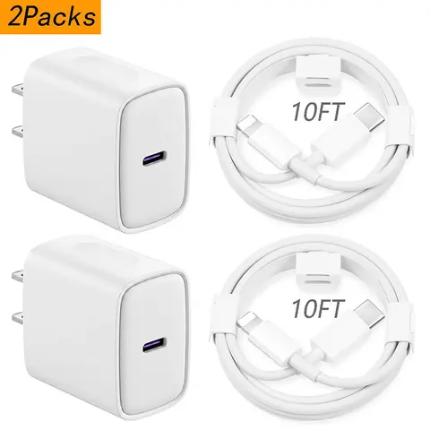 10FT/6FT 2 Pack 20W PD USB C Wall Fast Charger Adapter with 2 Pack 10FT Long Type C to Lightning Cable Compatible for iPhone 14 13 12 11  XR XS X,iPad Charging Port, Smartphone, Cellphone