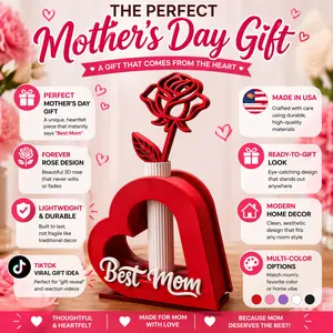 Mother’s Day Heart Vase w/ Rose – 3D Printed “Best Mom” Gift, Cute Home Decor, Small Meaningful Gift