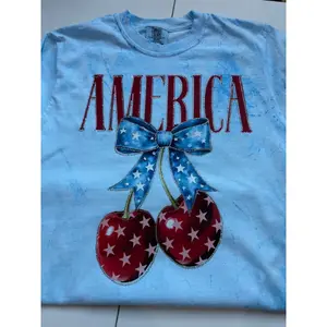 American Cherries Rhinestone with Print Comfort color T-shirt, Women's Long Sleeve T-shirt Bling  Printed Tops