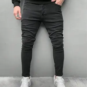 Men's Slim Black Skinny Jeans for Urban Cycling - Breathable Stretch Fabric, Anti-Slip Waistband, Reinforced Thigh Panels, Midnight Black Finish