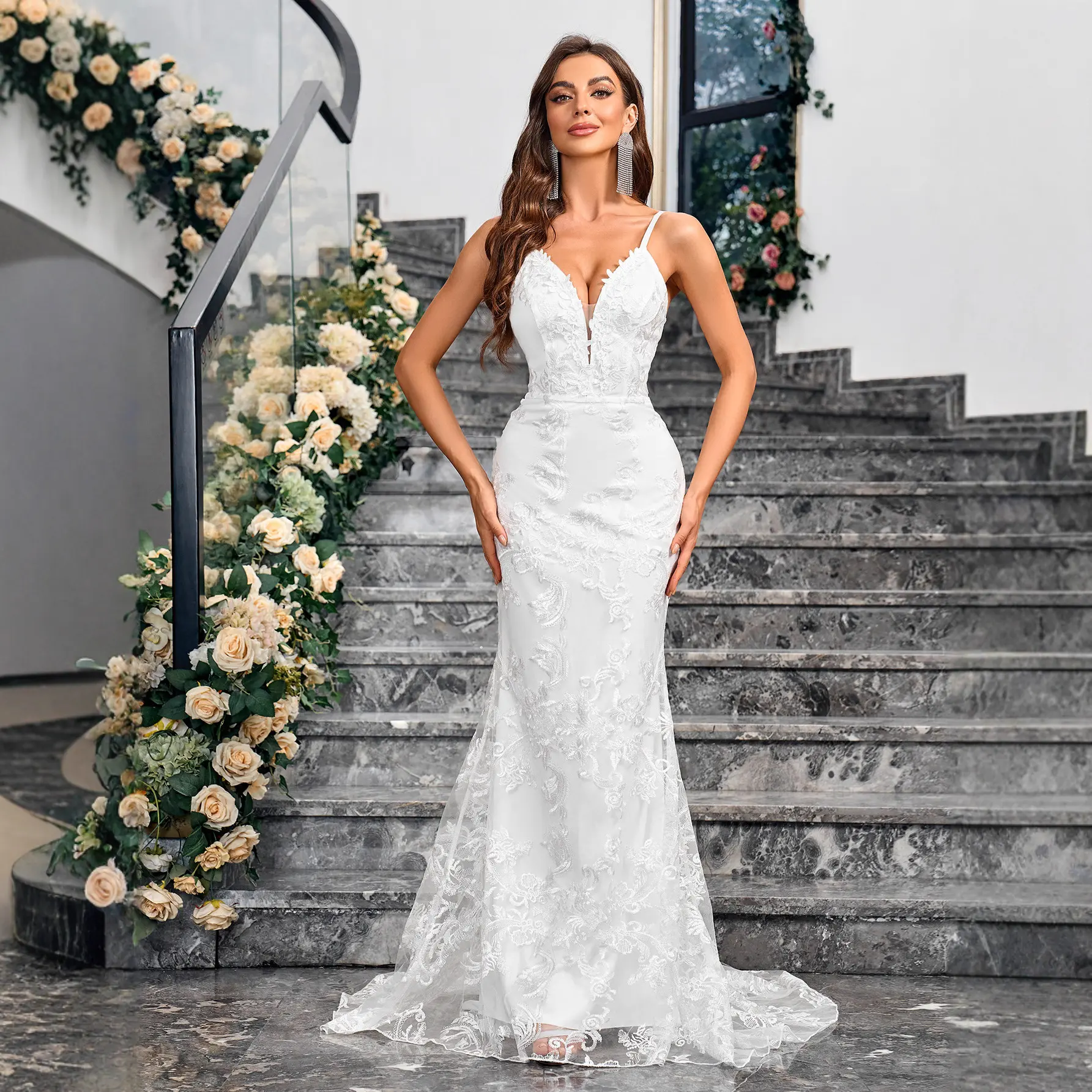 Women's Elegant Sleeveless Bodycon Tea-Length Gown with Mini Train - Lady's Formal Wear, Elegant Wedding Dress for Wedding Guests, White Deep-Neck Casual Outdoor Dress, Dresses, Formal Dresses For Women