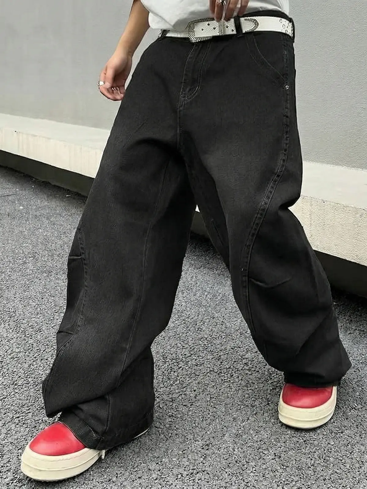 [KU2516] Men's American Vintage Baggy Wide Leg Jeans, Washed Distressed Curved Seam Loose Denim Pants, Streetwear Casual Trousers